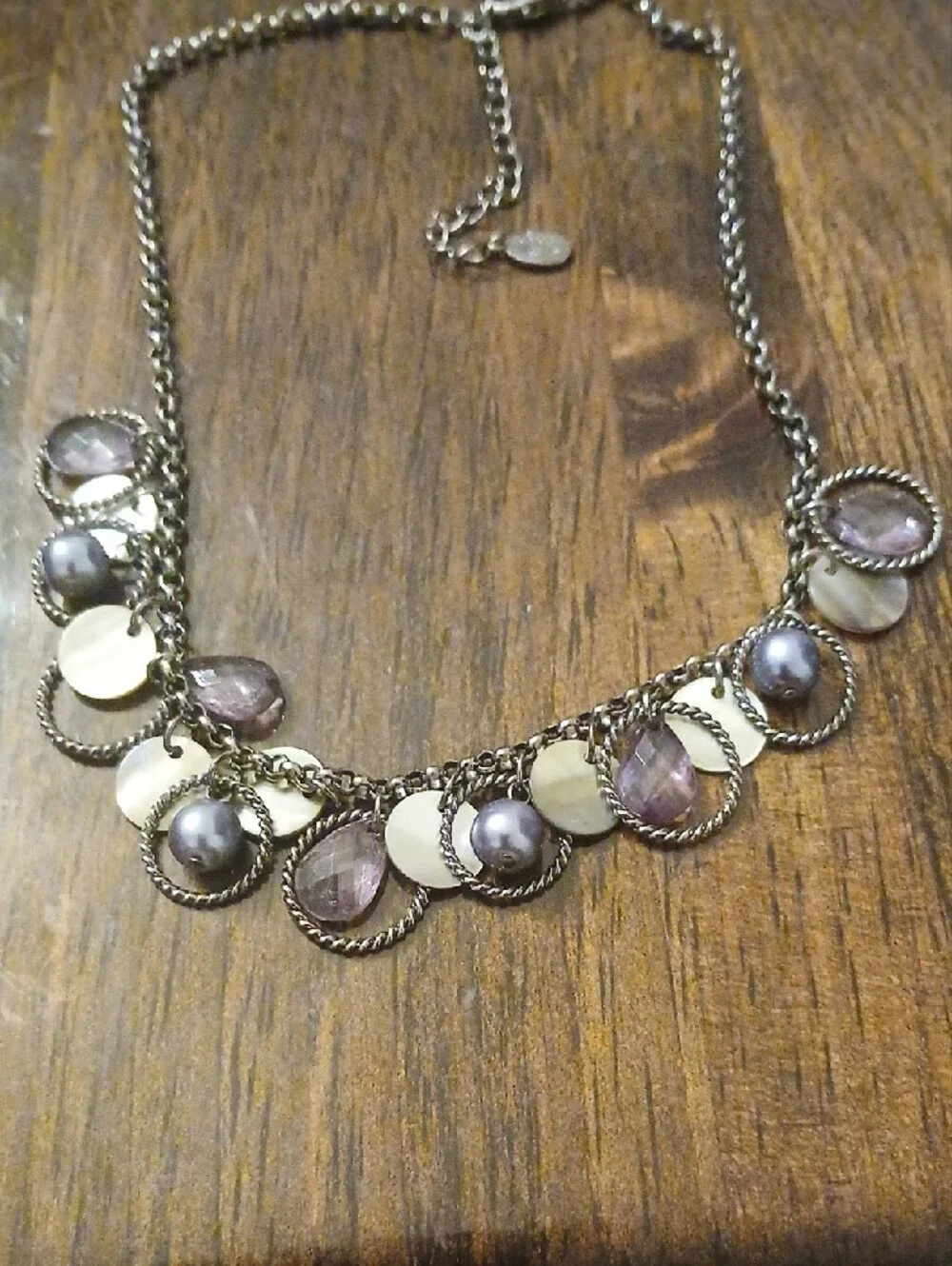 CookievLee Silver-Tone Purple Faux Pearl & Mother-of-Pearl Disc Necklace